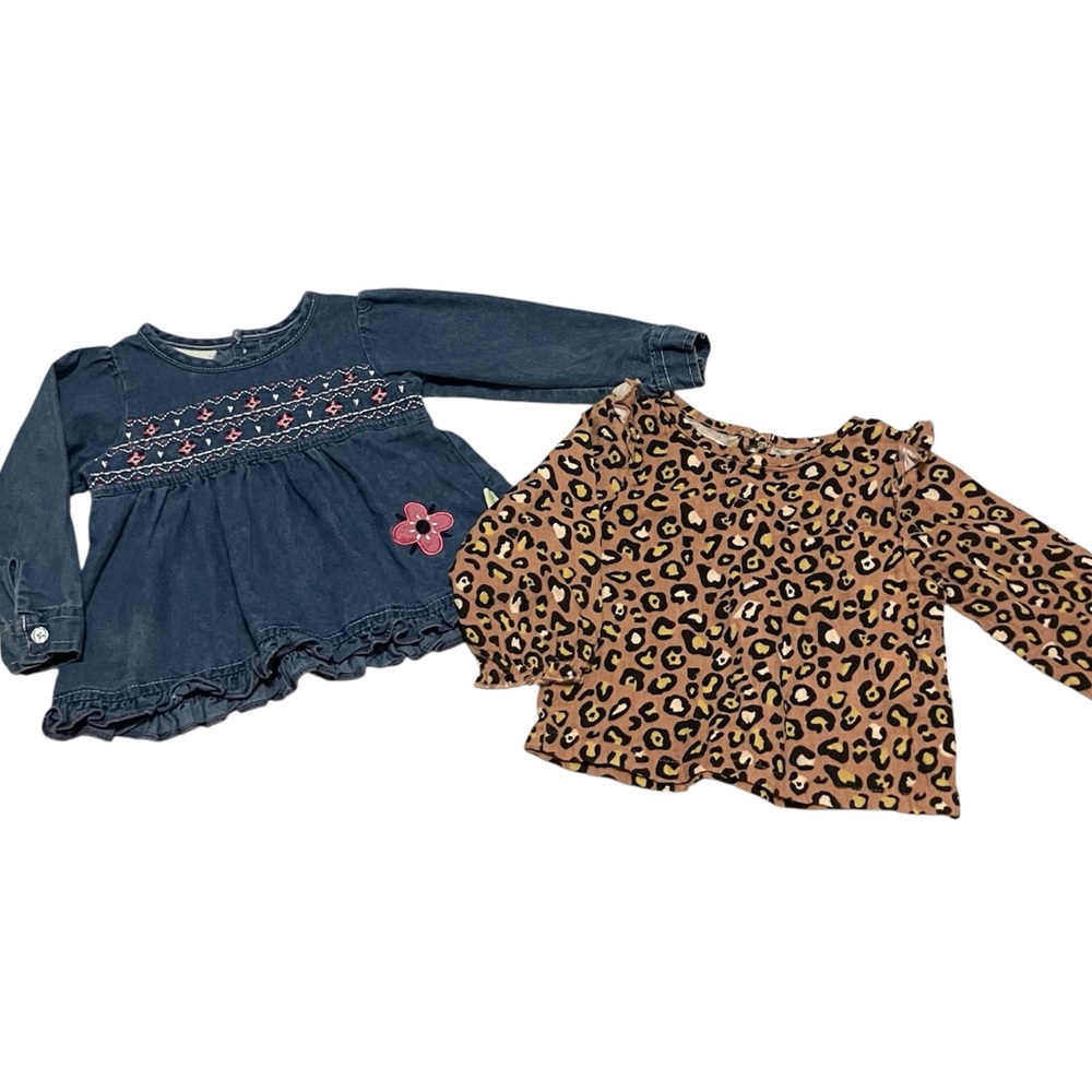 (2) Girl’s Tops- Duck Duck Goose Denim Embroidered & Mud Pie‎ Leopard Print 6-9m